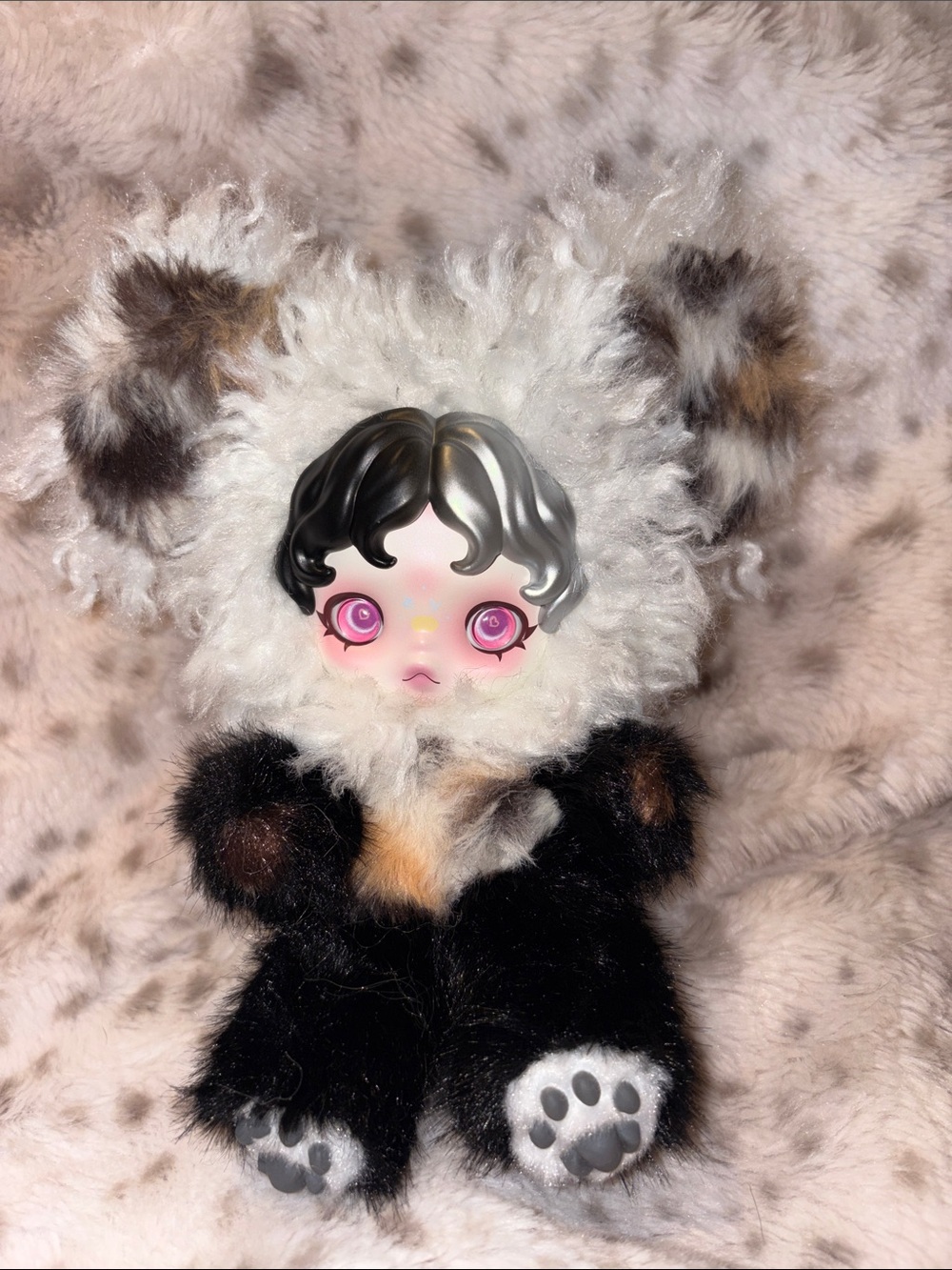 Custom Skull Panda Black and White Soft Curly Faux Fur Plush Pendant